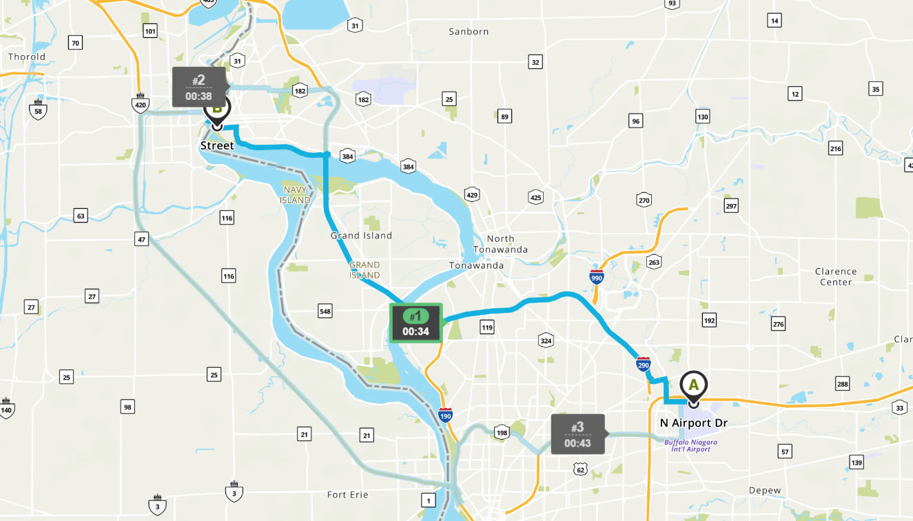 Buffalo Airport to Rainbow Bridge Map