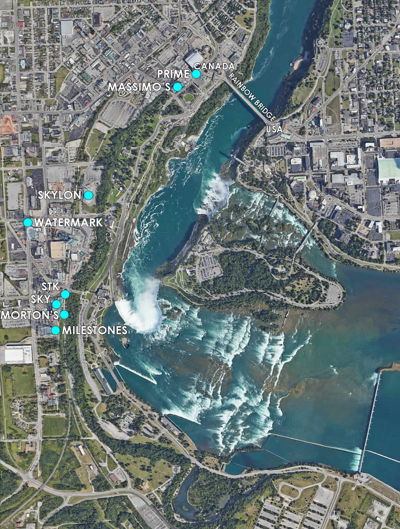 Niagara Falls Restaurants with views of the Falls map